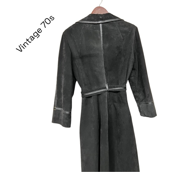 Rare Find!Vintage 70s Dark Mocha Brown Real Leather & Suede Belted Long Coat - Picture 2 of 9